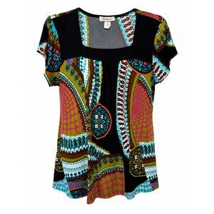 Sushiflower Women's 2X Multicolor Abstract Boho Short Sleeve Blouse